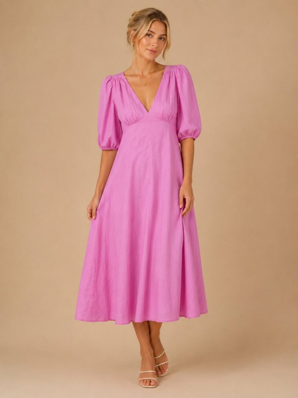 NWT Aaron & Amber Open Back Plunged V-Neck Midi A-Line Dress Pink Small #A2648